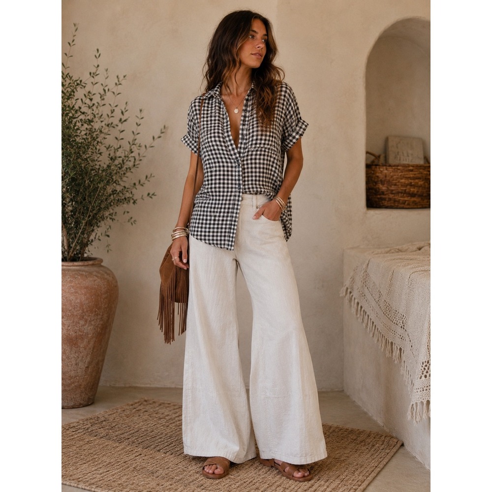Monoprix Femme 100% Linen Gingham Short Sleeve Button Down Shirt Black White 44